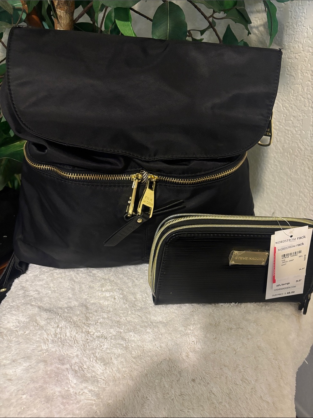 Steve Madden Black Nylon Backpack with Gold Hardware and Matching Zip Wallet